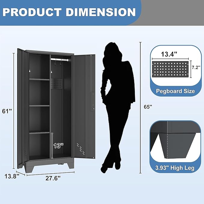 61" Broom Closet Storage Cabinet, Metal Storage Cabinet with Doors, Utility Cabinets for Brooms and Mops, Cleaning Tool Cabinets for Garage, Laundry Room, Bathroom-Ruum Studio Home