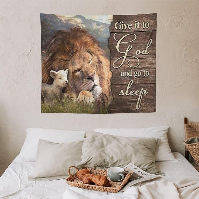 yowecso Lion and Lamb Tapestry Give It To God And Go To Sleep Tapestry Wall Hanging for Bedroom Christian Religious Tapestries Aesthetic Wall Decor for Home Dorm Living Room 50"x60"-Ruum Studio Home