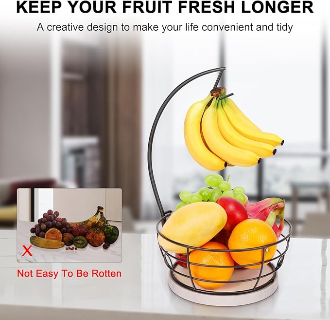 Livabber Countertop Fruit Basket Bowl with Banana Hanger, Modern Standing Fruit Vegetable Bowl Storage, with Banana Tree Holder for Kitchen Dinning Table (Round Marble, Black)-Ruum Studio Home