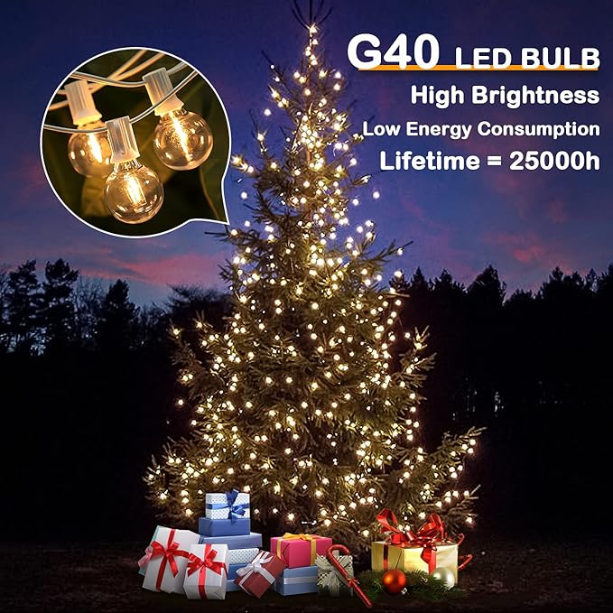 50FT LED G40 Globe String Lights White, Shatterproof Outdoor Patio String Lights 2200K with 50+2 Dimmable Edison Bulbs, Backyard Outdoor Hanging Lights, Bistro Waterproof for Balcony Party Wedding-Ruum Studio Home