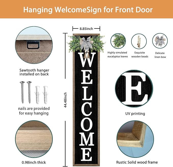 Surfapans Welcome Sign for Front porch Standing 45"X9"Large Wood Frame Outdoor Tall Welcome Signs Vertical Decor for Farmhouse Rustic Home Modern Outside Front Door Wall Decorations (Wood Black)-Ruum Studio Home