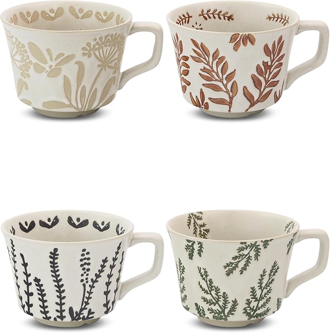 Ceramic Coffee Mug, 12 oz Novelty Unique Teacup with Large Handle, Stoneware Cup for Tea Mocha Latte Cappuccino Espresso (Set of 4, Butterfly Grass Ivy and Leaf)-Ruum Studio Home
