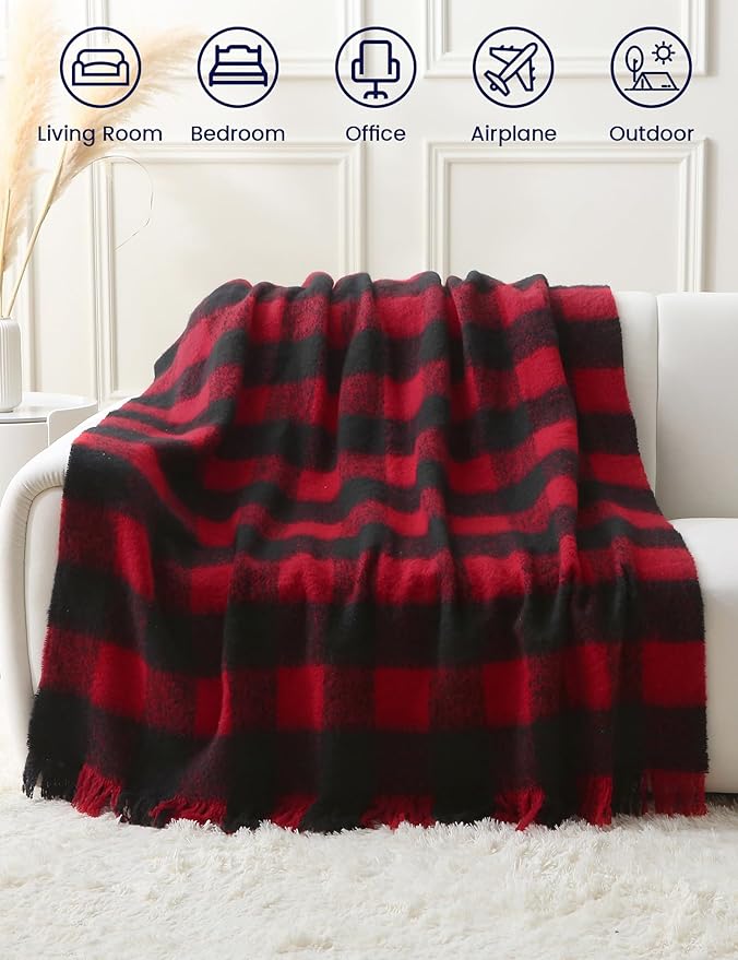 ZonLi Christmas Buffalo Plaid Throw Blanket, 50" x 60" Black and Red Decorative Blankets with Tassel for Couch, Bed, Sofa, Chair, Outdoor, Cozy Warm Lightweight Farmhouse-Ruum Studio Home