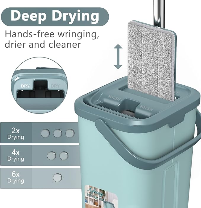 Aifacay Mop and Bucket with Wringer Set, Flat Wall Mop and Bucket Set with 4 Reusable Microfiber Pads, Hand Wash Free Floor Cleaning System Wet and Dry Use for Hardwood Tile Window Corner Baseboard-Ruum Studio Home