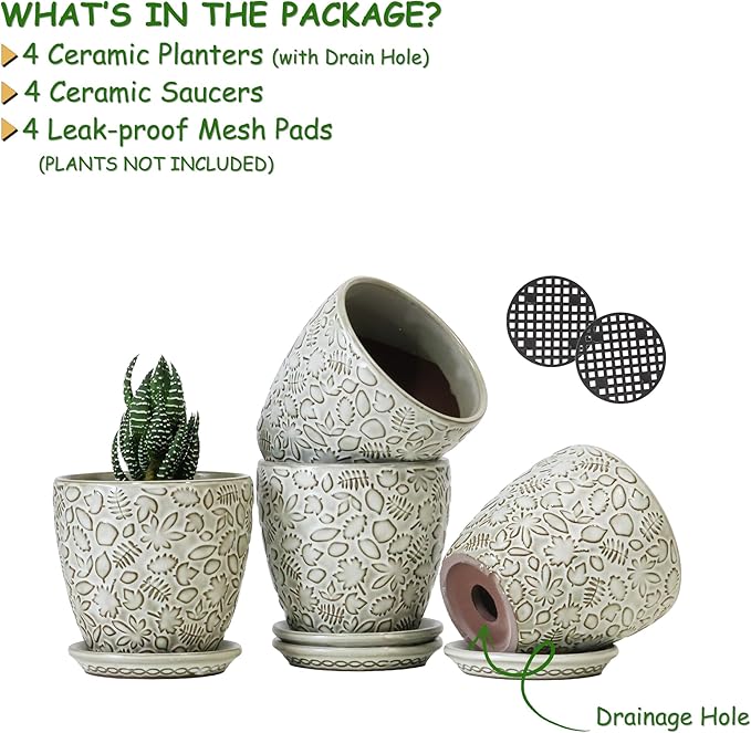 4 Inch Mini Plant Pots, Ceramic Succulent Planter with Drainage Hole and Saucers for Indoor Plants, Small Garden Pots for Succulent, Herb and Flower, Set of 4-Ruum Studio Home