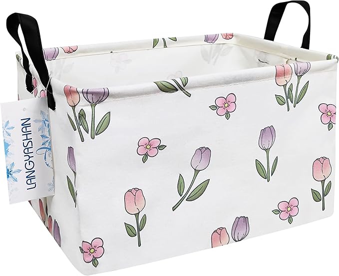 LANGYASHAN Rectangular Storage Bin Collapse Canvas Fabric Cartoon Storage Basket with Handles for Organizing Home Kitchen Boys and Girls Toys Office Closet Shelf Baskets (Rec Romantic Tulip)-Ruum Studio Home