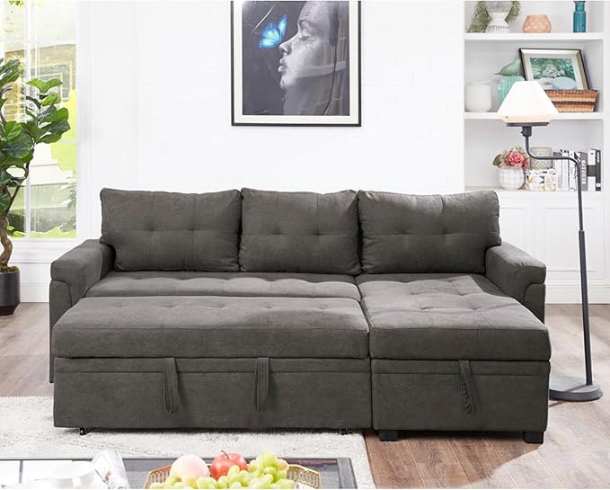 Naomi Home L-Shaped Reversible Sectional Sofa with Pull-Out Sleeper Bed and Storage Chaise, Espresso Velvet-Ruum Studio Home