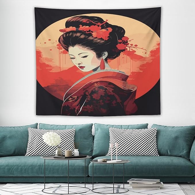 Japanese Woman Geisha Tapestry Asian Cherry Blossom Red Sun Traditional Kimono Folk Tapestries Home Decor for Living Room Bedroom Apartment Farmhouse Dorm 60"x50"-Ruum Studio Home