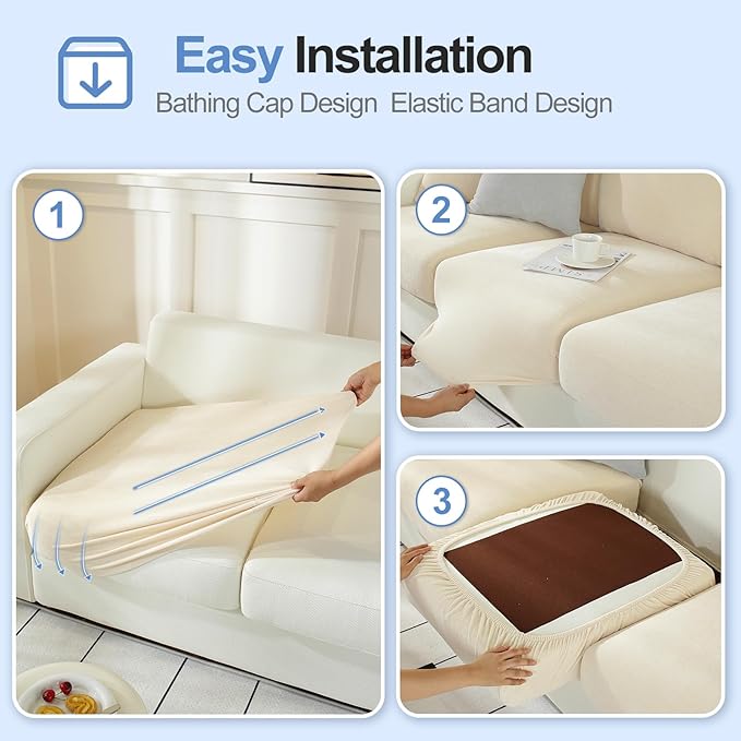 Individual Couch Cushion Covers, Stretch Sectional Couch Covers for L Shaped Sofa, Softer Chenille Sofa Covers for 3 Couch Cushions, Non-Slip Seat Slipcover Protector (3 Piece, Beige)-Ruum Studio Home
