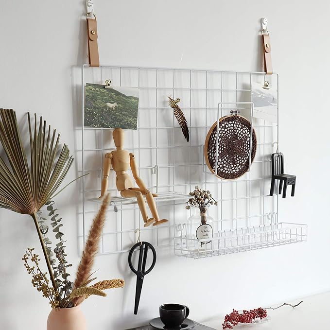 FRIADE Wall Grid Panel Hanging Basket with Hooks,Bookshelf,Display Shelf,Wall Organizer and Storage Shelf for Home Supplies,1 Set of 3 (White)-Ruum Studio Home