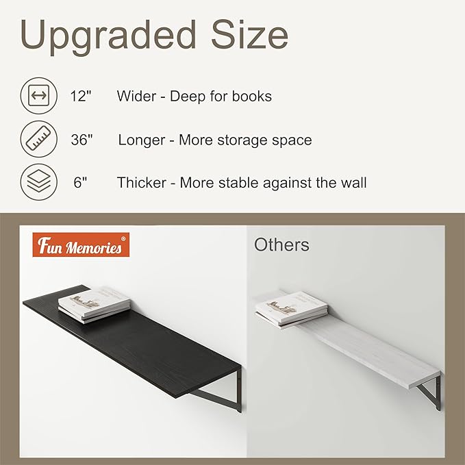 36"W x 12"D Floating Shelves, Black Deep Floating Shelves for Wall with Brackets, 12 Inch Deep Wall Shelves for Books, Wide Display Storage Shelves for Bathroom, Living Room, 36 Inch Long, Set of 2-Ruum Studio Home