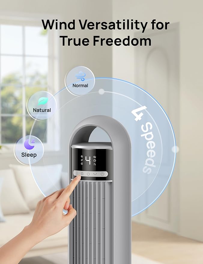 Dreo Tower Fan for Bedroom, 90° Oscillating Fan, Standing Fan with 3 Modes, 4 Speeds, 8H Timer Cooling Fans for Home, Living Room, Office, Grey, TF117-Ruum Studio Home
