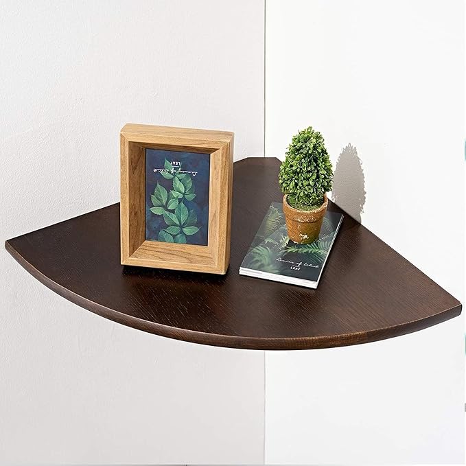 Corner Shelf,14inch Walnut Solid Wood Floating Corner Shelves Wall Mount Round End Floating Speaker Rack with Wire Hole for Small Plant for Bedroom Kitchen, Living Room-Ruum Studio Home