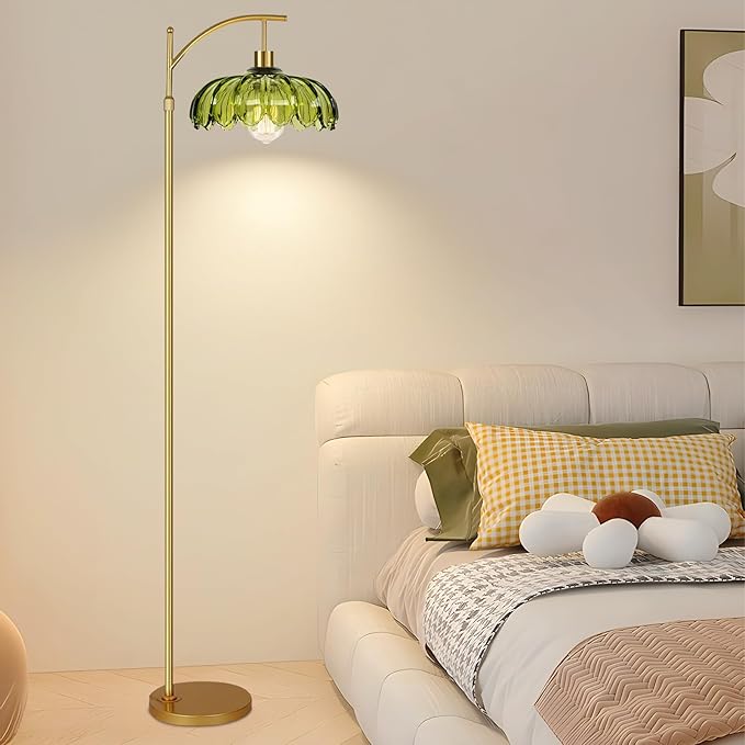 Gold Floor Lamps for Living Room Glass Vintage Floor Lamp with Remote Control,Dimmable Mid Century Modern Standing Lamp with 3 Color Temperature Tall Flower Lamp Brass Floor lamp for Bedroom Corner-Ruum Studio Home