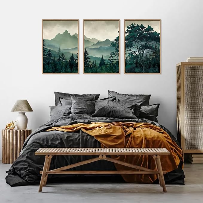 HLNIUC Green Foggy Forest Framed Canvas Wall Art Set,Watercolor Boho Pine Tree Wall Decor,Modern Misty Mountain Scenery Art Print,Nature Landscape Wall Painting for Living Room,Bedroom - 16”x24”x3-Ruum Studio Home