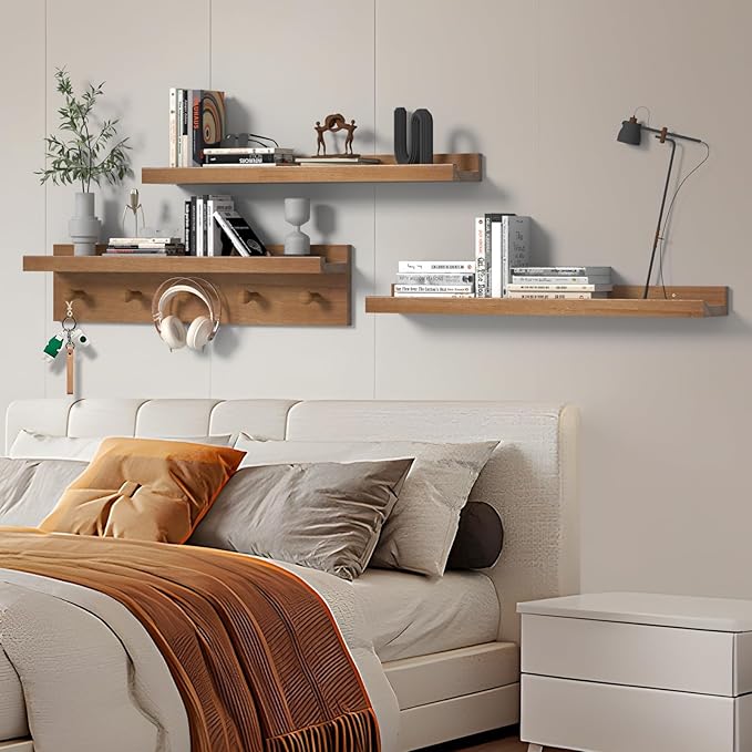 MBYD 24 Inch Floating Shelves, Picture Ledge Shelf, Natural Wood Wall Shelf, Nursery Book Shelves for Kids Room Decor with Hooks, Kitchen Bathroom Storage, Living Room Walnut-Ruum Studio Home