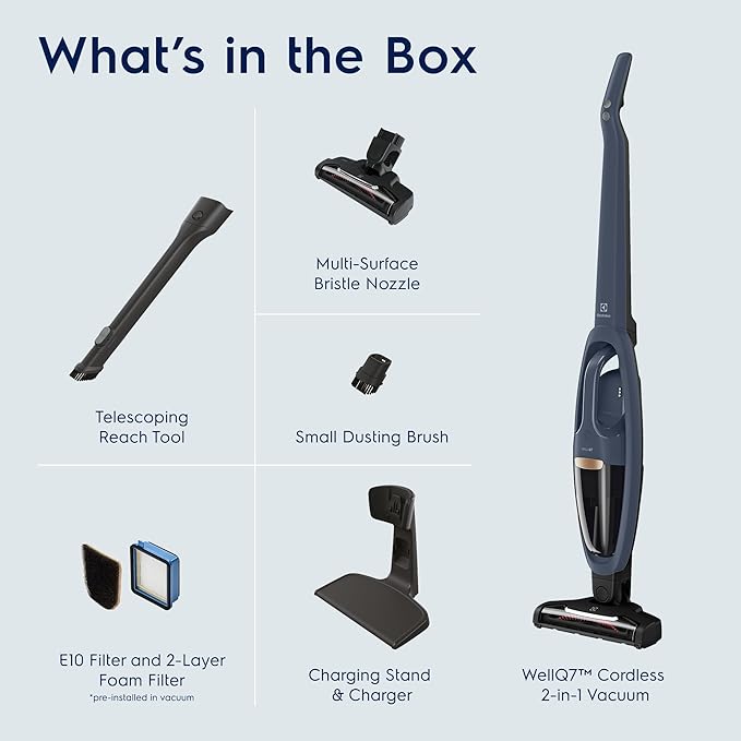 Electrolux WellQ7 Cordless 2-in-1 Vacuum with High Suction Power and 5-Step Filtration System, 50-Minute Run Time, 2 Power Modes, Denim Blue-Ruum Studio Home