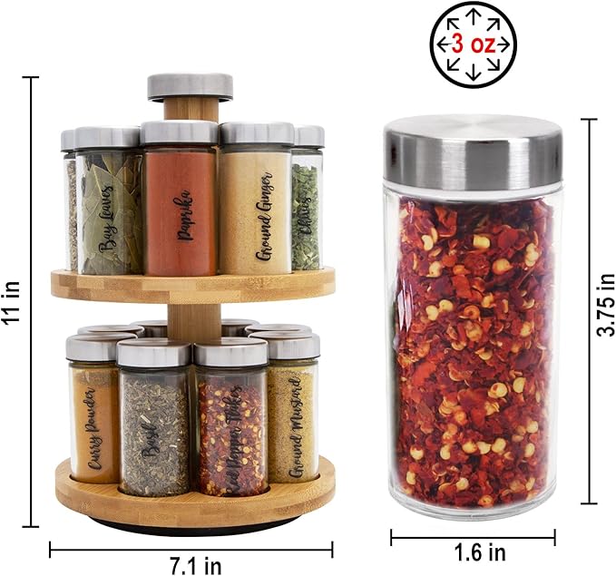 Orii 16 Jar Spice Rack with Spices Included - Rotating Countertop 2 Tier Tower Organizer for Kitchen Spices and Seasonings, (Bamboo Wood)-Ruum Studio Home