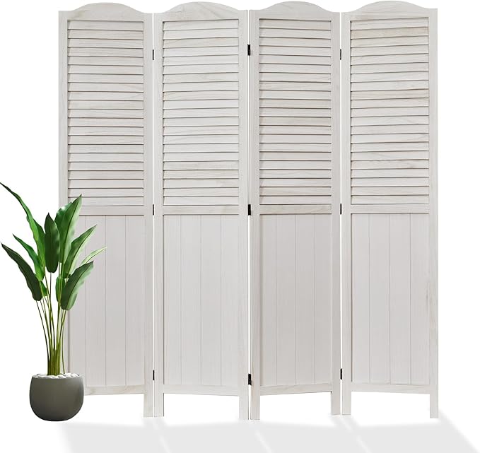 Room Partitions and Dividers, 68.9 Inch Temporary Wall with Double Hinges, Wooden Louver & MDF Stable Screens for Home Office Bedroom Coffeehouse Decoration (4 Panels, White-Washed)-Ruum Studio Home