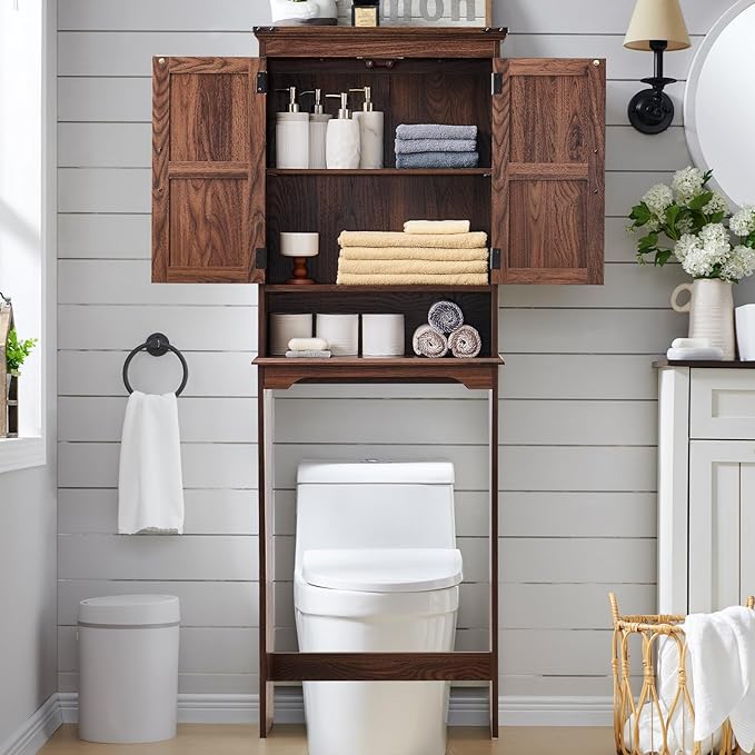 Over The Toilet Storage Cabinet, Farmhouse Bathroom Cabinet with Adjustable Shelf & Barn Door, 67" Tall Over The Toilet Shelf, Brown-Ruum Studio Home