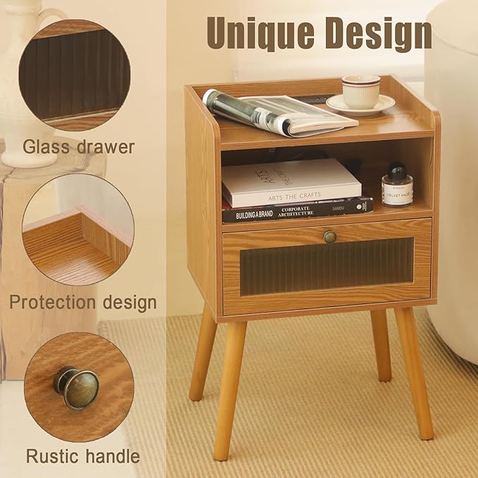 AWASEN Mid Century Nightstand with Charging Station, Modern Bedside Table with Glass Decorative Drawer, Small End Side Table with 2 Tiers Storage for Bedroom, Office and Small Space(Brown)-Ruum Studio Home