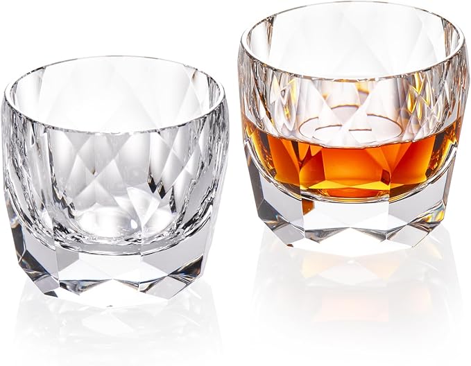 KAMMAK Crystal Whiskey Glasses Set of 2, 7.1oz Old Fashioned Glasses Stemless, Hand Blown White Cocktail Glasses, Luxury Handcrafted Cut Ice Ball Cup for Women, Perfect Men Gift for Bourbon-Ruum Studio Home