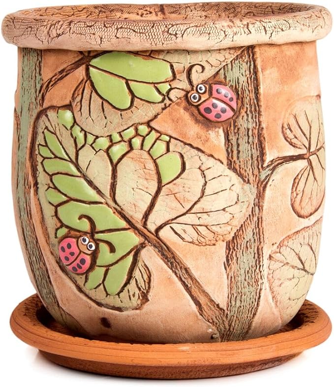 Ceramic Pot with Drainage Hole and Saucer, Plant Pots, Modern Decorative Planters for House Plants Indoor Flowers Plants, Cute Flower Pot - Gifts (Ladybugs (3 L))-Ruum Studio Home