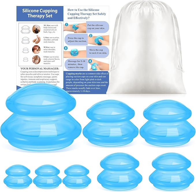 Nuanchu 8 Pcs 4 Sizes Cupping Therapy Set with Satin Bag Silicone Massage Cups Professional Cupping Therapy Vacuum Cup for Cellulite Joint Pain Muscle Pain(Clear Blue)-Ruum Studio Home