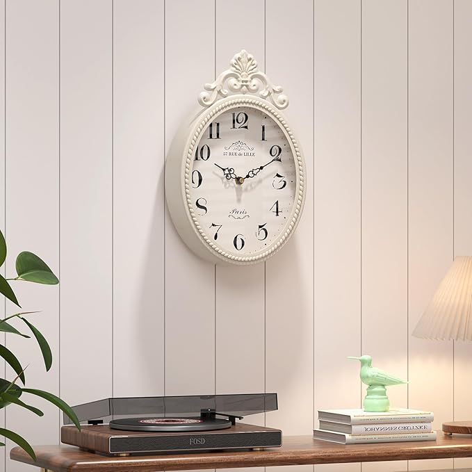 Abdurey Small French Retro Decorative Wall Clock, Ivory White Vintage Oval Style,Silent Battery Operated Boho Decor Wall Clocks for Farmhouse,Kitchen,Bedroom,Bathroom(10.4" H x 6.7" W)-Ruum Studio Home