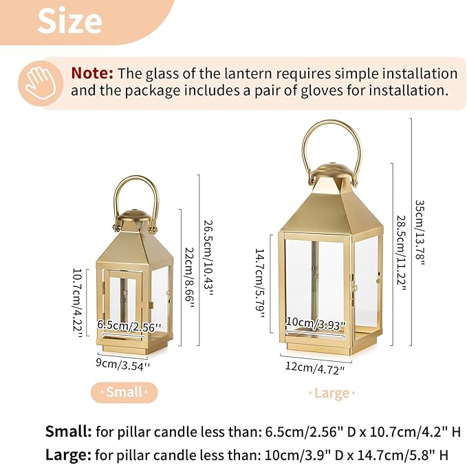 NUPTIO Gold Lanterns Decorative Indoor: 8.6 Inch Tall Metal Lantern with Glass for Pillar Candle - Fireplace Decor for Christmas Home Living Room Mantle Porch Wedding-Ruum Studio Home