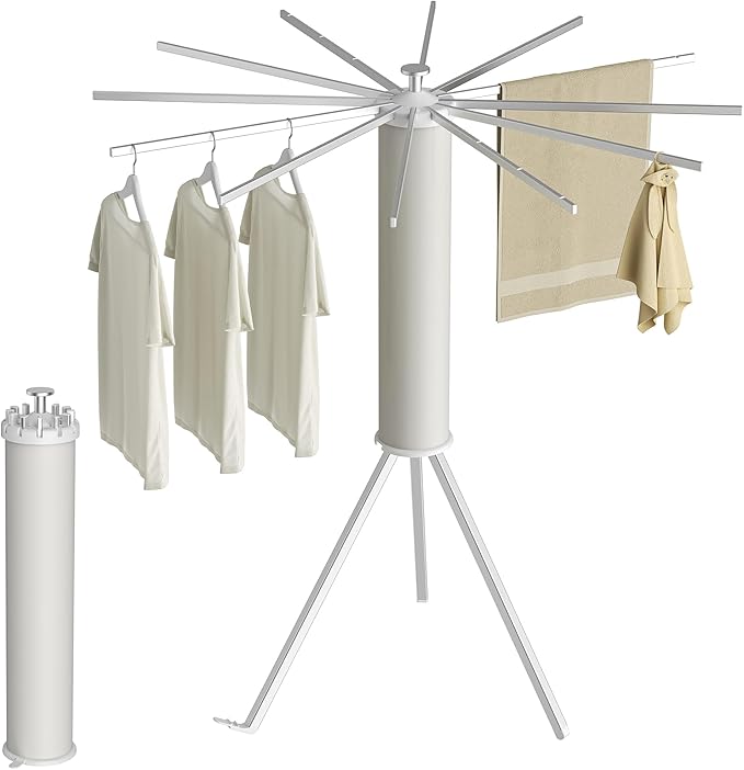 Tripod Clothes Drying Rack, Garment Rack Portable and Foldable Space Saving Laundry Drying Rack - Dryer Rack Clothing Floor Folding Balcony Bedroom Household (Silver(Aluminum), 12 rods)-Ruum Studio Home