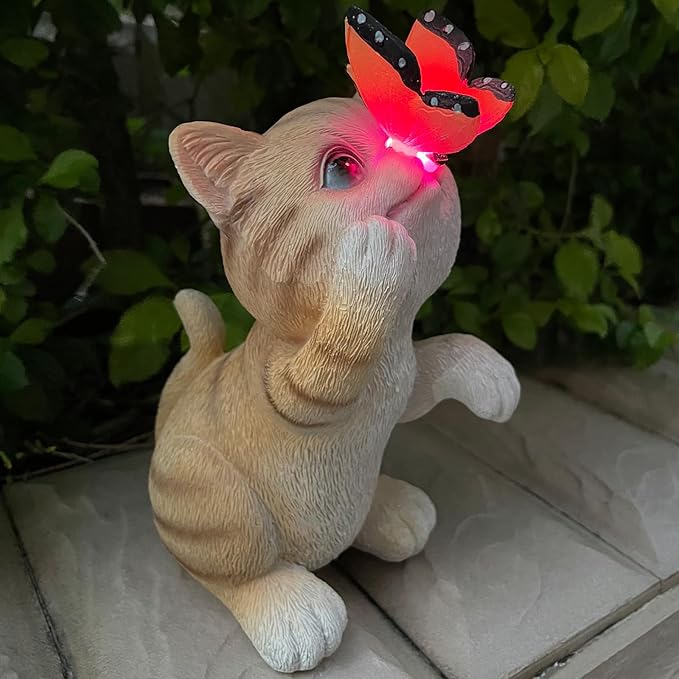 Garden Decor Solar Cat Figurines Cat Lover Gifts with LED Butterfly Lights for Indoor Outdoor Decor for Yard Garden Patio Decor Gifts for Women Grandma Mother's Day Birthday-Ruum Studio Home