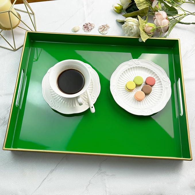 Large Decorative Tray, Emerald Green Serving Tray with Handles, Plastic Coffee Table Tray for Ottoman, Living Room, Bathroom, Decor. 15.7” x 11.8” x1.6”-Ruum Studio Home