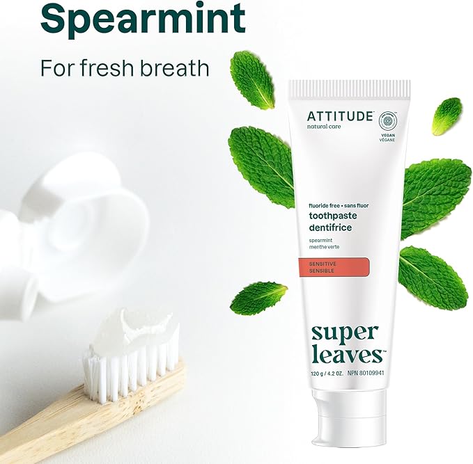 ATTITUDE Fluoride-Free Sensitive Toothpaste, Spearmint Flavor, Vegan & Cruelty-Free, Sugar-Free, Plant & Mineral-Based Ingredients, Clean Oral Care, 4.2 Oz-Ruum Studio Home