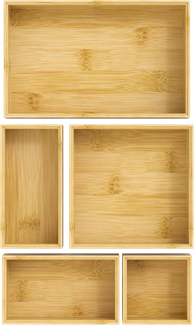 Bamboo Drawer Organizer Set, 5 PCS Multi-use Varied Sizes Junk Drawer Organizer Kitchen Storage Box for Office, Home, Bedroom, Bathroom, Bamboo-Ruum Studio Home