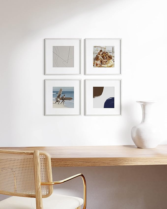 HAUS AND HUES Solid Oak Wood 12”x12” Picture Frames Matted to 8”x8” Set of 4-12x12 White Square Frames, White Wood Picture Frames, White Picture Frames for Wall, 12 x 12 Frames, Square Picture Frames-Ruum Studio Home