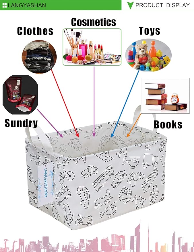 LANGYASHAN Rectangular Storage Bin Collapse Canvas Fabric Cartoon Storage Basket with Handles for Organizing Home Kitchen Boys and Girls Toys Office Closet Shelf Baskets (Rec Vehicle)-Ruum Studio Home