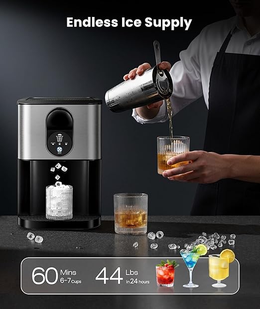 Nugget Ice Makers Countertop, Pellet Ice Maker Machine Dispenser with Water Reservoir with 44lbs/24H, Self-Cleaning, Soft Chewable Ice Maker Machine for Home/Kitchen/Office, Silver Stainless-Ruum Studio Home