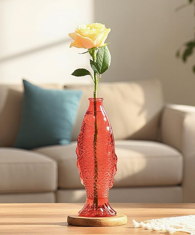 Nacome Fish Vase Glass Plant Terrarium with Wooden Stand,Planter Propagation Station for Home Office Hydroponics Desk Decoration,Unique Gardening Gifts for Plant Lovers Women Mom(Red)-Ruum Studio Home
