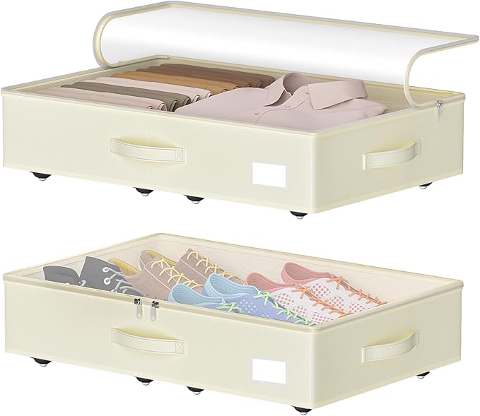 Under Bed Storage with Wheels, No Assemble Required 5.5 inches height beige under bed storage bins,Low Profile Rolling Under bed Shoe Storage containers，dorm under bed storage drawers-Ruum Studio Home