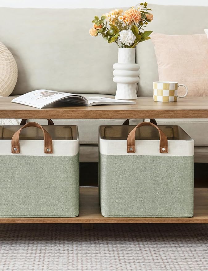 StorageWorks Storage Bins, Fabric Storage Bins for Shelves, Large Storage Baskets with Metal Frame, Closet Baskets and Bins with Handles, Green and White, 2-Pack-Ruum Studio Home
