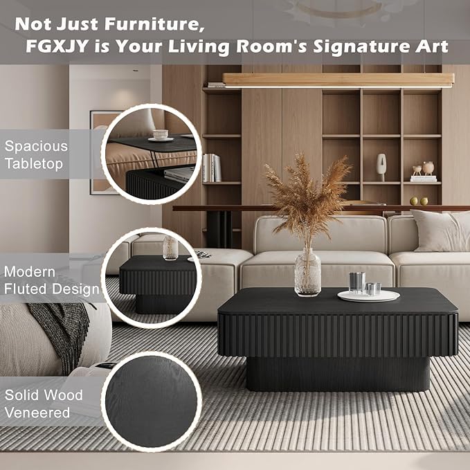 Lift Top Coffee Table with Storage, Solid Wood Coffee Table with Adjustable Height, Fluted Center Table Accent Tea Table for Living Room, Apartment, Office (38.6" Black)-Ruum Studio Home