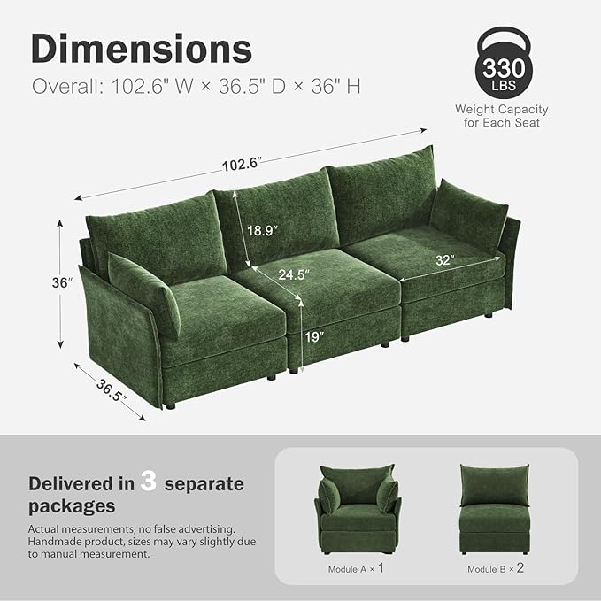 102.6" Modular Sectional Sofa, Oversized 3-Seater Green Couch with Removable Chenille Fabric Cover, Deep Seat & High Backrest for Living Room, Office & Apartment-Ruum Studio Home