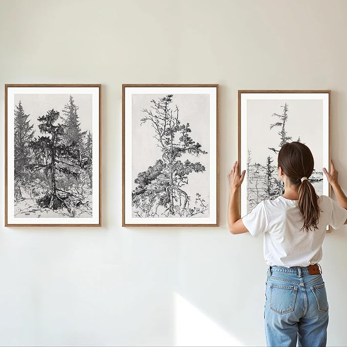 SIGNINART Vintage Tree Framed Wall Art Set , Black and White Antique Sketchbook Forest Painting, Wilderness Illustration Art Print , Retro Pine Tree Landscape Drawing Wall Decor for Living Room, Bedroom, Office (16"x24"x3)-Ruum Studio Home