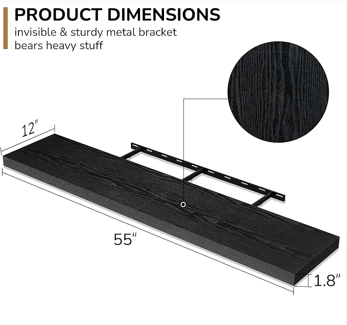 Fun Memories Floating Shelves - 12 Inch Rustic Wooden Wall Shelves - Extra Deeper & Thicker Wall Mounted Storage Shelf for Living Room, Kitchen, Farmhouse - 55" W x 12" D x 1.8" H - Rustic Black-Ruum Studio Home