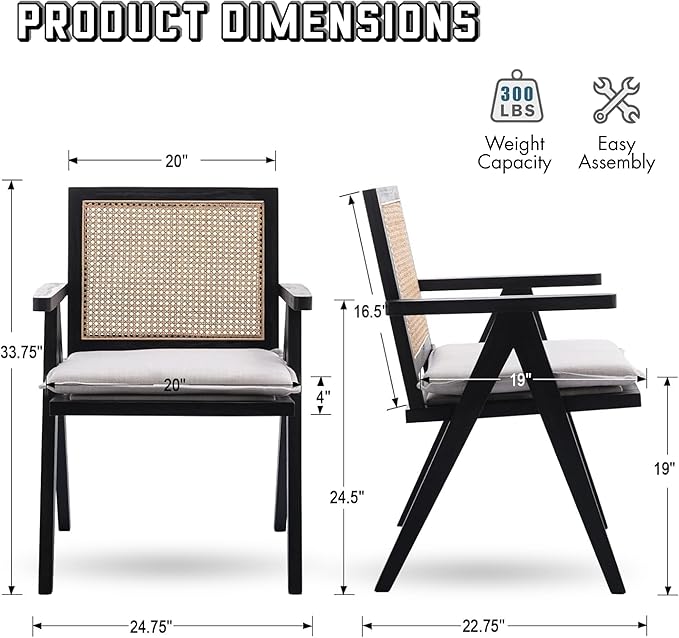 Rattan Dining Chairs Set of 2, Farmhouse Wicker Dining Chairs with Removable Linen Cushion Accent Cane Armchair for Dining Room Kitchen Restaurant, Black-Ruum Studio Home