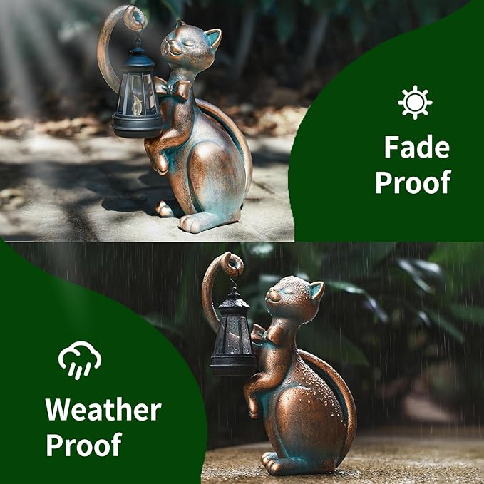 WHIMSYNOOK 10.7" Bronze Cat Solar Garden Statue Light – Cute Kitty Design, Bronze Finish, Solar-Powered LED, Outdoor Yard & Lawn Décor, for Cat Lovers, Mom, and Garden Enthusiasts-Ruum Studio Home