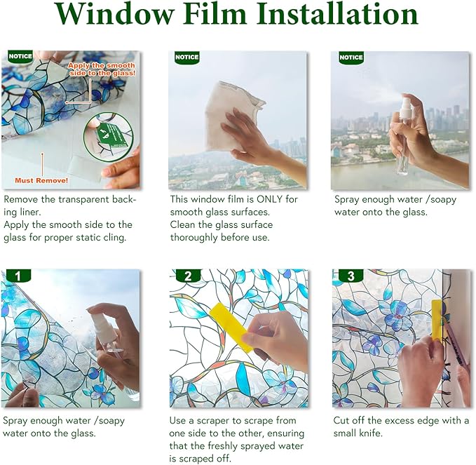 Window Privacy Film Stained Glass Decorative Static Clings Frosted Window Tint for Home Room Decor Bathroom Door Car Stickers with Glittering Effect, Removable(Blue & Green pothos Botanical)-Ruum Studio Home