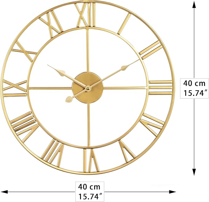 Large Modern Metal Wall Clocks Rustic Round Silent Non Ticking Battery Operated Roman Numerals Clock for Living Room/Bedroom/Kitchen Wall Decor-(Gold, 40cm)-Ruum Studio Home