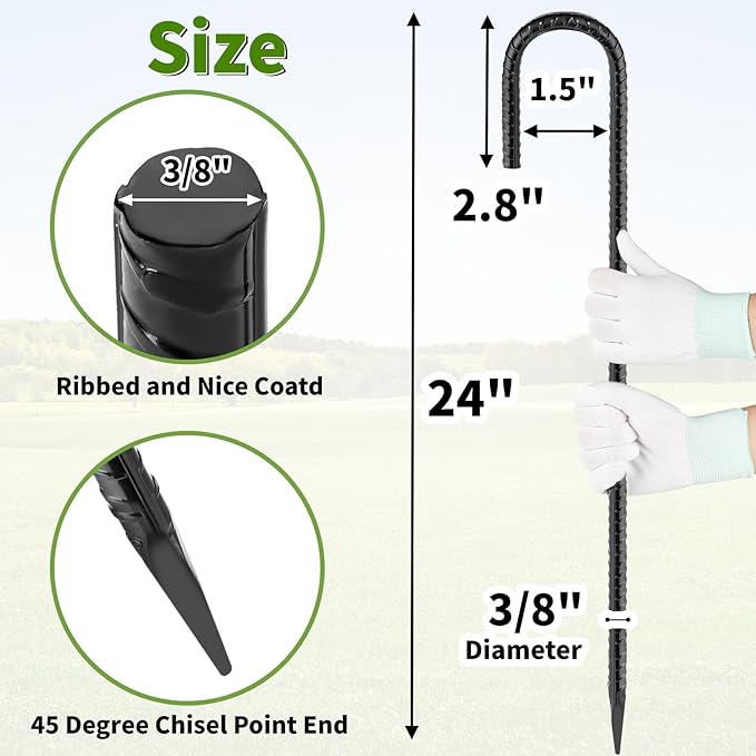 24 inches J Hook Rebar Stakes (16-Pack), Extra Long Garden Stakes with Chisel Point End Steel Rebar Ground Stakes for Tent Chain Link Fence and Outdoor Decorations Black Coated-Ruum Studio Home